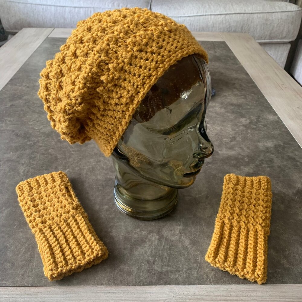 #8- Hand Crocheted Women's Beanie & Glove Set Mustard